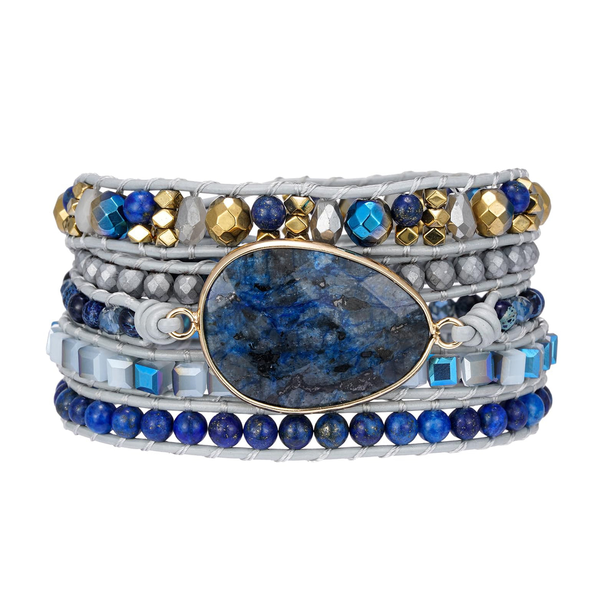 Plumiss Women Natural Blue Labradorite Stone Boho 5 Wrap Bracelet Jewelry Gift