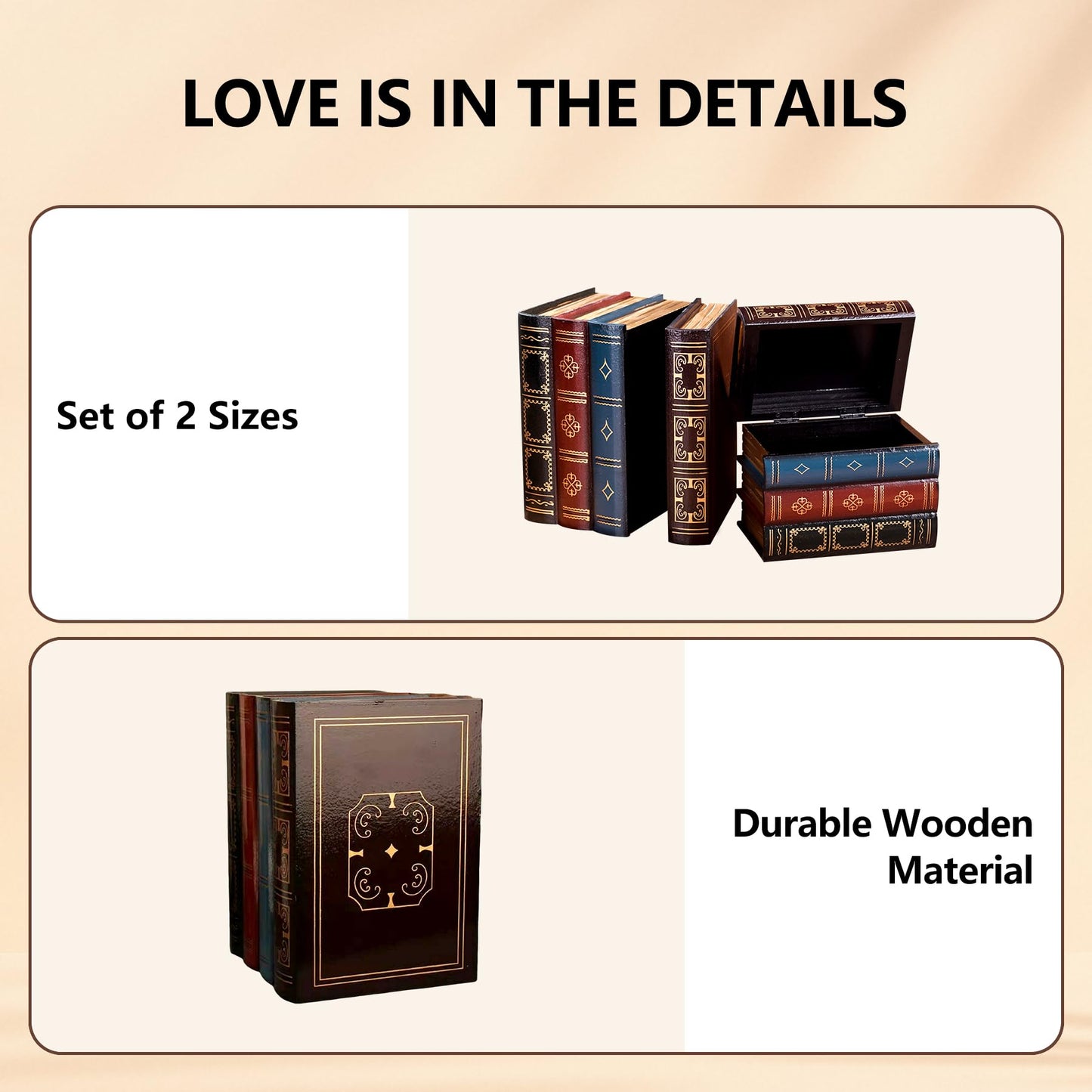 Blanc 2 Pcs Classic Brown Wooden False Book Box Storage Box, 7.87 x 6.3 x 5.51 inches, 1 kg Capacity Each, 2 Count
