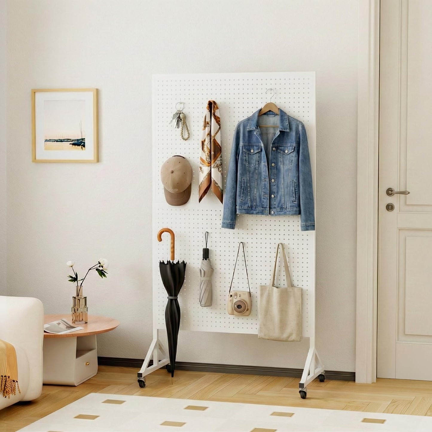 Giklux Metal Pegboard Display Stand 3.5 x 5.5 Feet, Adjustable Height with 40 Peg Board Hooks and Wheels, Pegboard Display Rack, Craft Display Rack, Retail Display Rack, Garage Peg Board