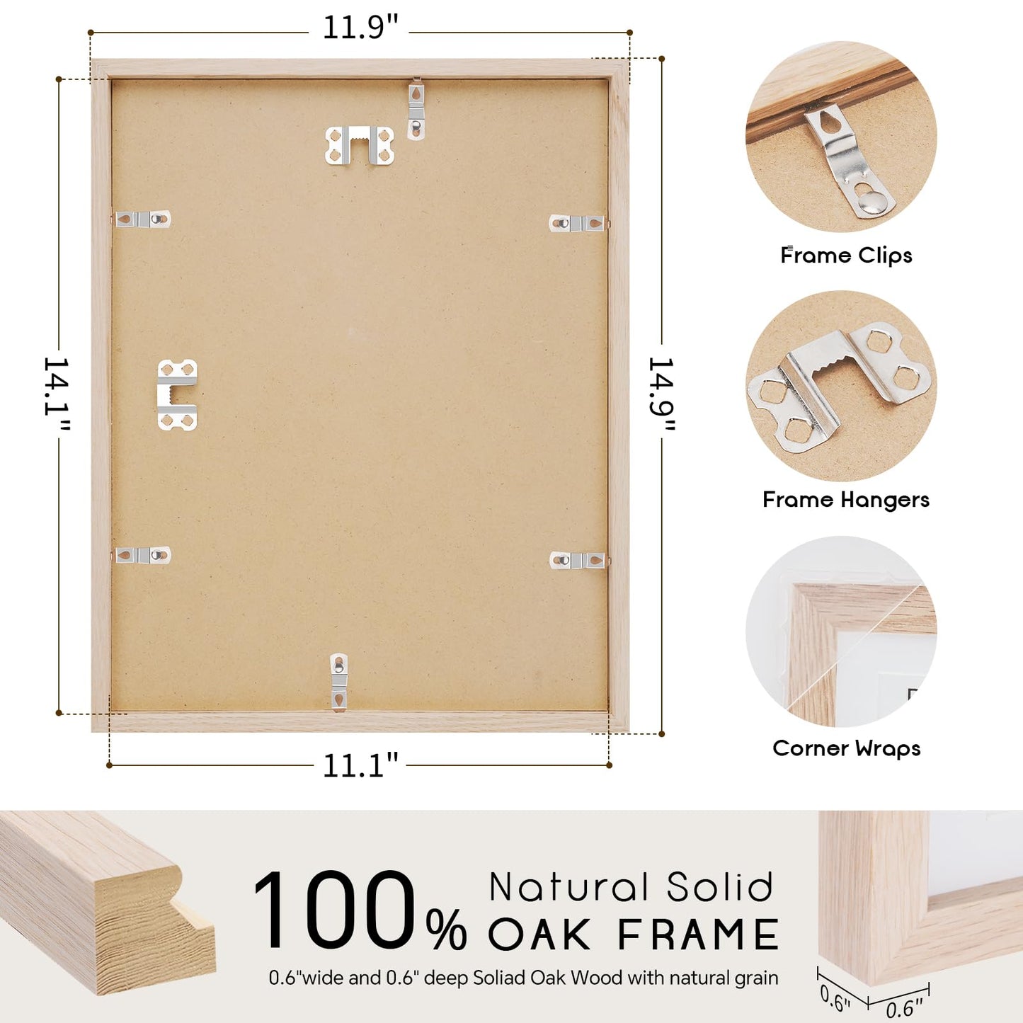 puthiac 11x14 Solid Oak Wood Picture Frame, Fits 8x10 with Mat or 11x14 Without Mat, Wall Display Only, Vertical or Horizontal, Plexi Front, 1 Pack, Natural Oak