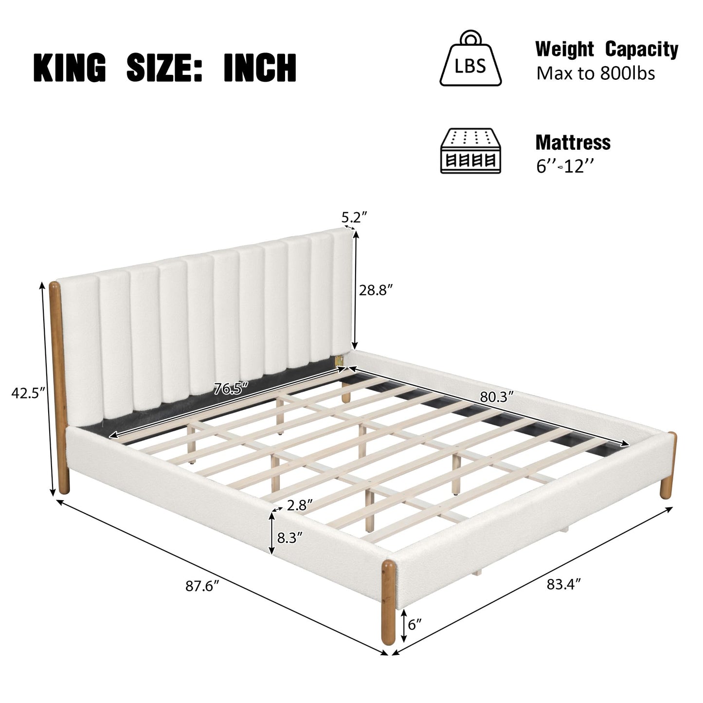 Merax King Size Bed Frame with Boucle Upholstered Thick Headboard, Solid Wooden Legs, No Box Spring Needed, for Bedroom Apartment, White