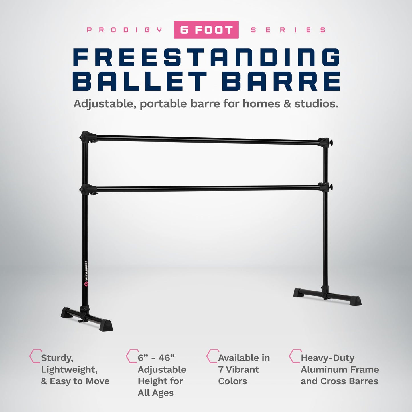 VITA Barre Portable Freestanding Double Ballet Barre, Prodigy, 6 Ft Bars, Black | Adjustable Height, USA Made, Home or Gym Exercise Equipment for Kids & Adults | Dance, Fitness, Pilates
