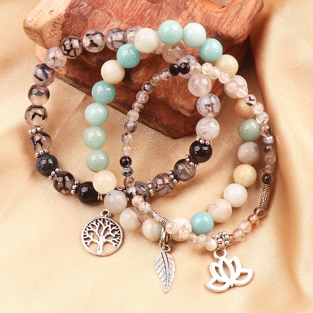 UEUC Tree of Life Yoga Healing Stone Bracelets,Multilayer Lotus Chakra Stone Reiki Bracelet Sets,Anxiety Crystal Natural Stone,for Women Stress Relief(#151)