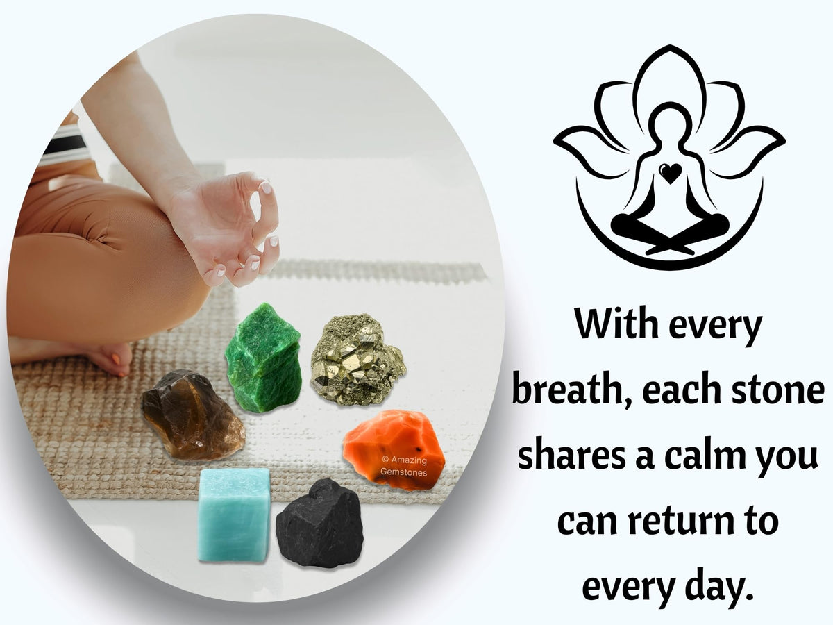 Amazing Gemstone Crystals for Workplace Manifestation, Set of 6 Green Aventurine, Smoky Quartz, Shungite, Carnelian, Pyrite and Amazonite Healing Crystals and Stones