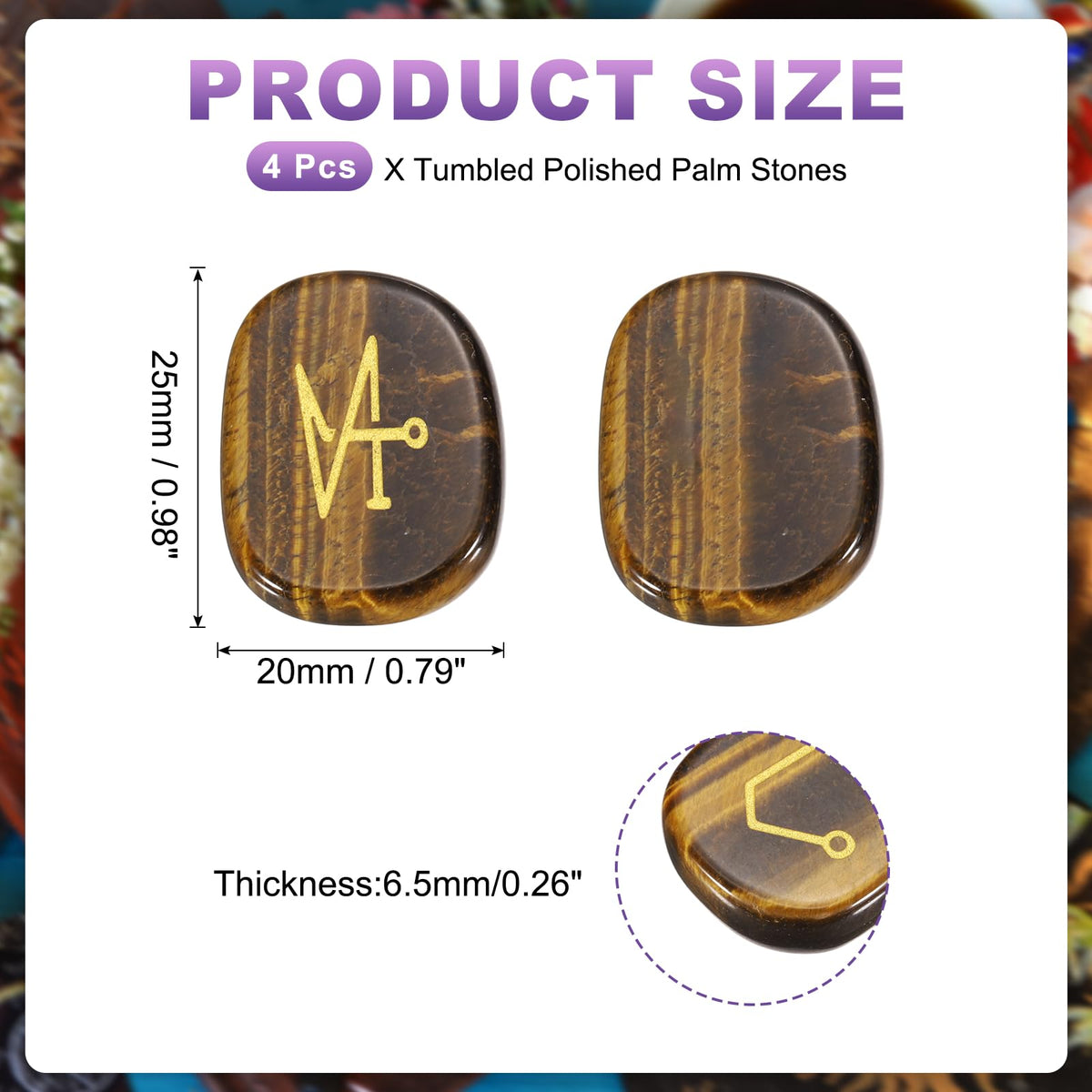 MECCANIXITY 4Pcs Engraved Chakra Stones with Reiki Symbols, Tiger's Eye Reiki Healing Crystal Gemstone 7 Chakra Crystal Stones Tumbled Palm Stone for Anxiety Relieve