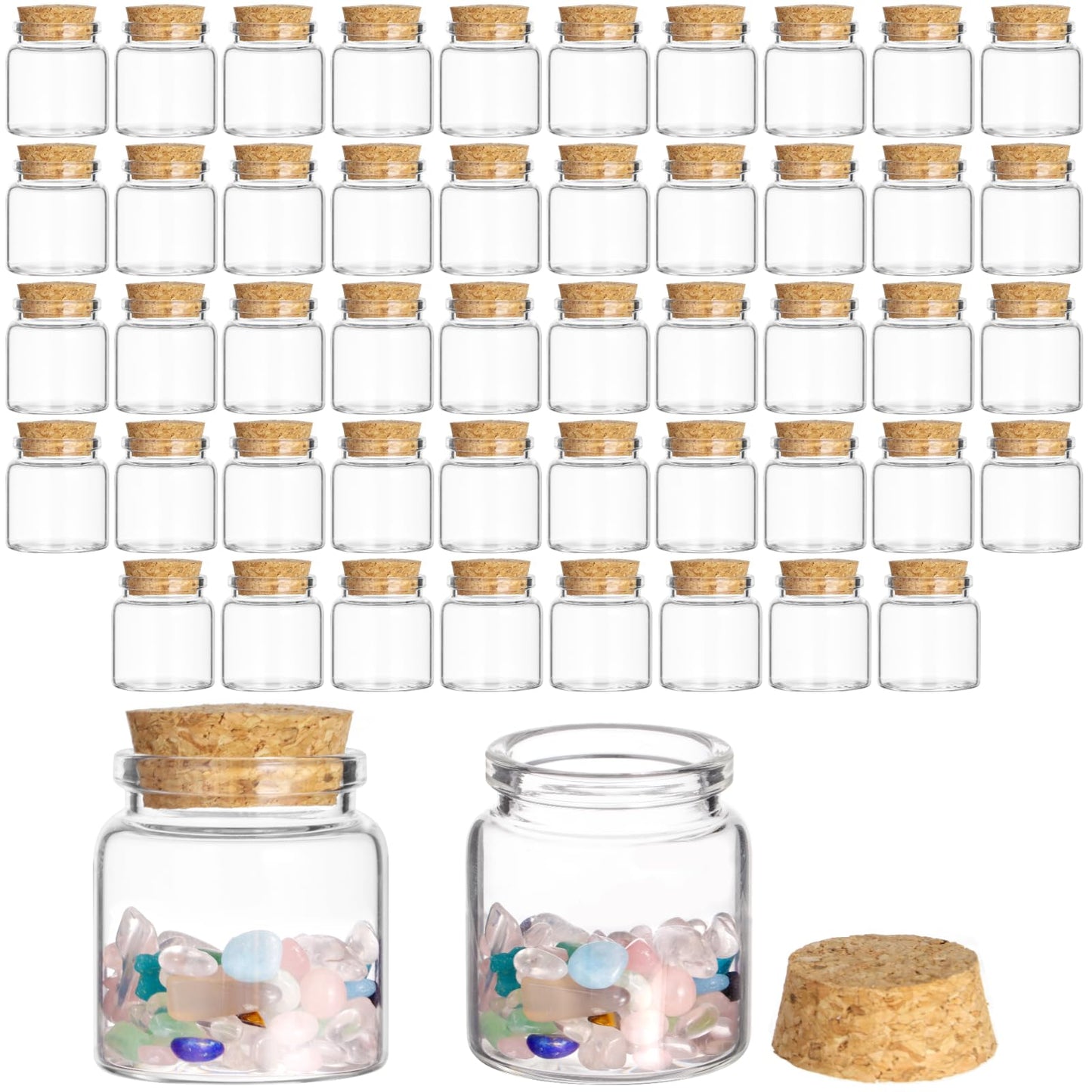 Tideme 48 Pcs Mini Glass Bottles with Cork, 50ml Mini Candy Vials, Decorative Sand Bottles for Wedding