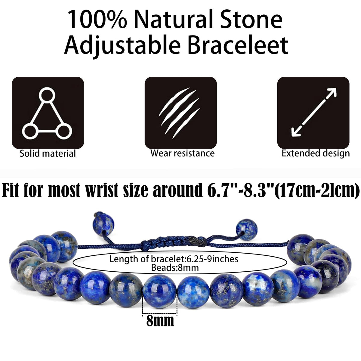 QOGIR Handmade Healing Bracelets for Women,8mm Natural Lapis Lazuli Gem Stone Beads Bracelet,for Men Women Gifts with 2PCS Size Adjustable Rope Bracelets
