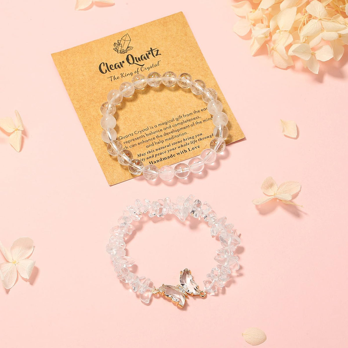 DUQGUHO 2Pcs Clear Quartz Bracelets for Women Butterfly Bracelets for Women White Crystal Bracelets Gemstone Bead Jewelry Cute Butterfly Charm Bracelet 8mm Crystal Beaded Jewelry Gifts for Women