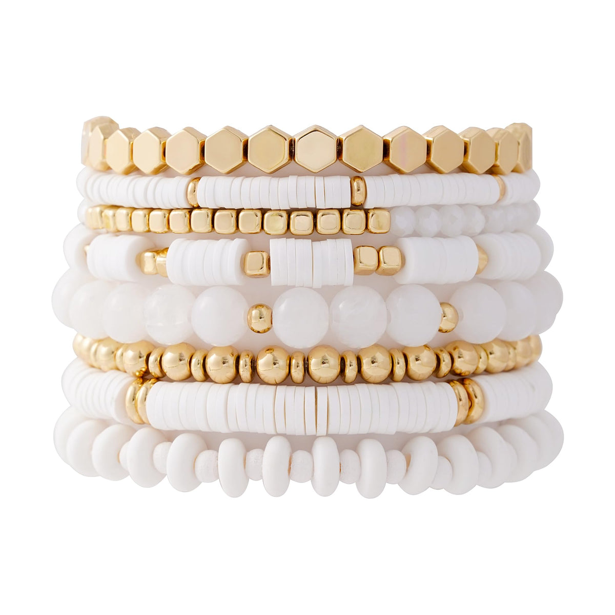 GOOJIDS White Surfer Heishi Clay Bead Bracelets for Women Bohemian Stackable Gold Plated Beaded Stretch Bracelets Elastic Layering Friendship White Bracelets Set Boho Jewelry