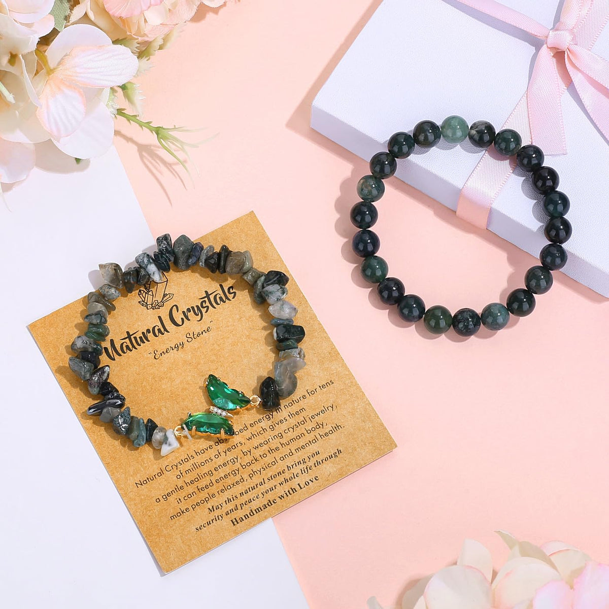 DUQGUHO 2Pcs Butterfly Bracelets for Women Moss Agate Bracelets Green Healing Crystal Bracelet Natural Gemstone Stretchable Jewelry 8mm Beaded Bracelet Gifts for Women