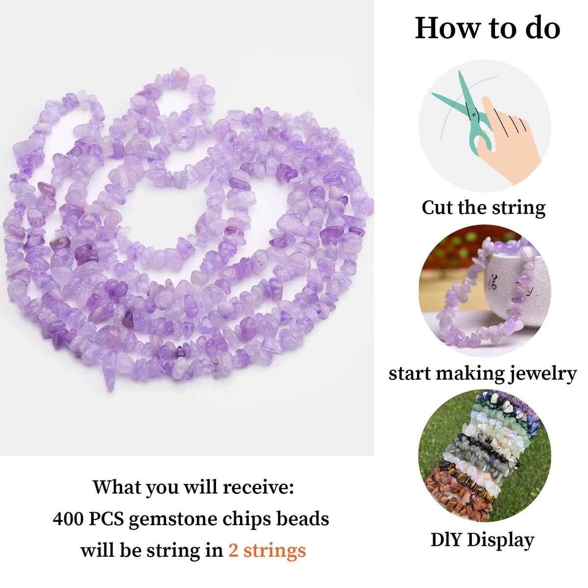 400pcs Natural Chip Stone Beads for Jewelry Making Lavender Amethyst 5-8mm Irregular Gemstones Healing Crystal Loose Rocks Bead Hole Drilled for Ring Earrings Necklace Bracelet Making DIY Art Crafts