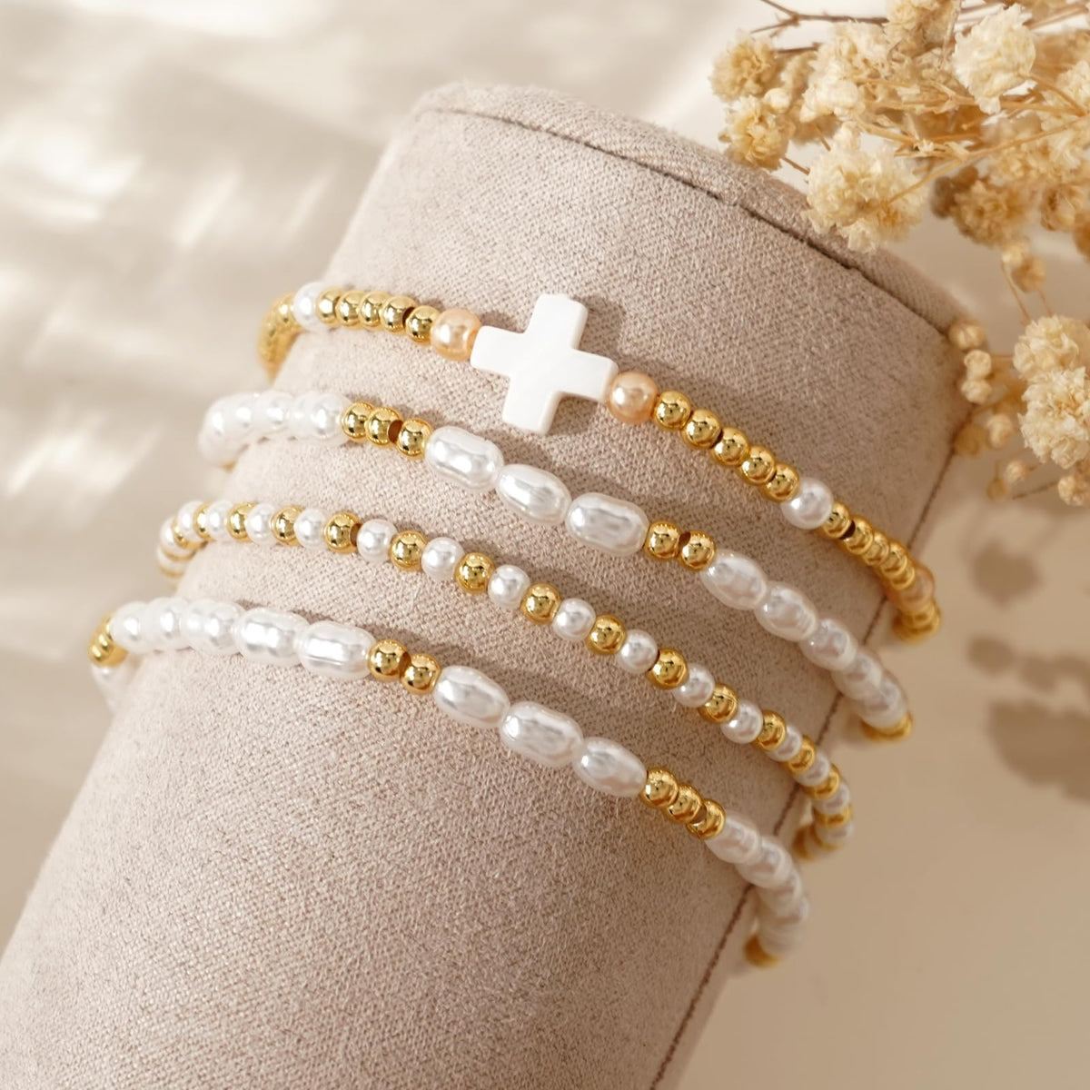 Bohxantium Pearl Gold Beaded Bracelets Set for Women White Cross Bracelet Stack Stretch 14K Gold Plated Beads Ball Stackable Non Tarnish Trendy Dainty Jewelry Friendship Christian Gifts for Women