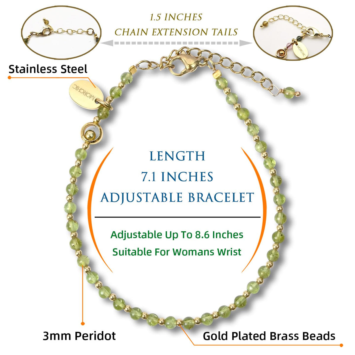 Morchic 3mm Green Peridot Quartz Natural Gemstone Beaded Bracelet for Women, Dainty Charm Jewelry, Adjustable 7.1-8.6", Ideal Birthday Holiday Gift