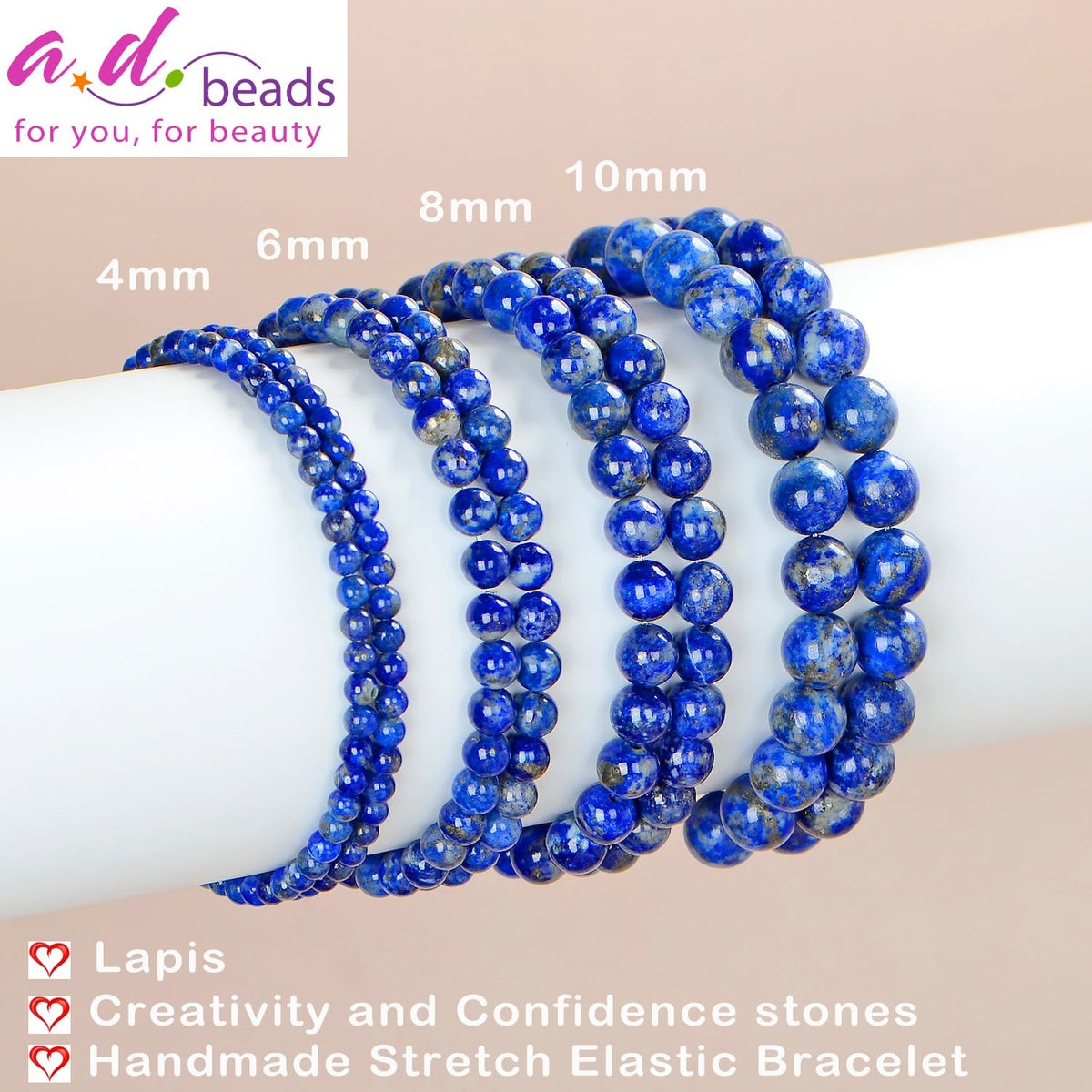 AD Beads Handmade Gemstone Stretch Elastic Bracelet Crystal Healing Reiki Nature's Beauty and Spiritual Essence Unisex (6mm, Lapis Lazuli)