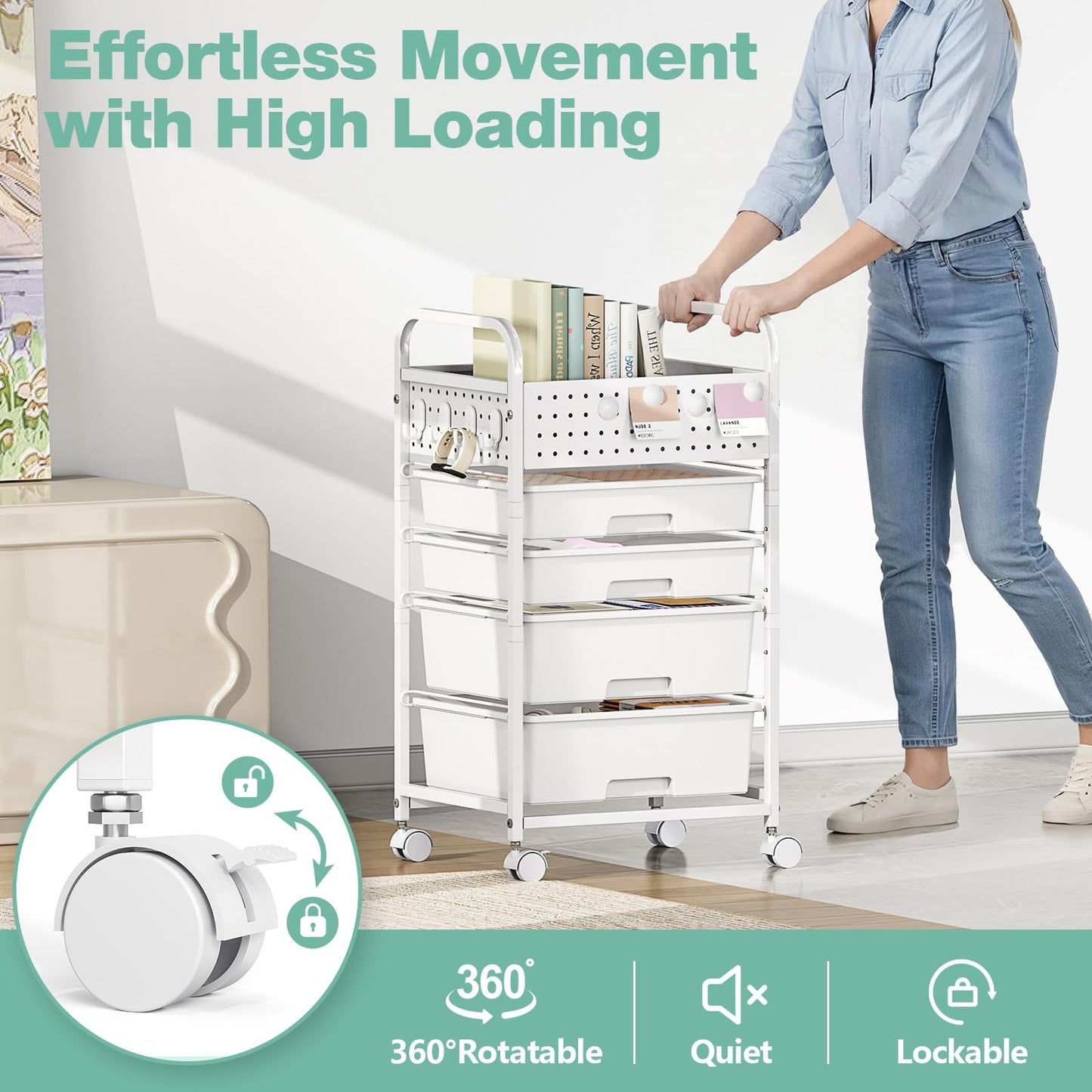 SYKIARIOL 4 Drawer Rolling Storage Cart with Pegboard Top and Hooks, Mobile Organizer Cart with Wheels for Office Supplies, Craft Storage, Classroom Organization, Home Utility Cart, White