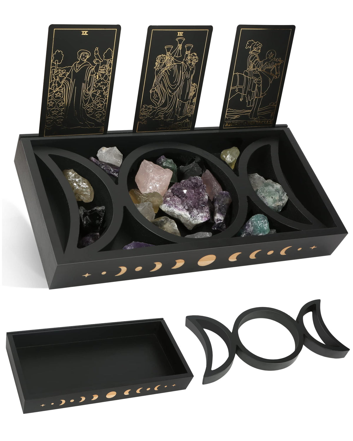 Mooncraftlogy Crystal Tray for Stones, Triple Moon Gemstone Holder Box, 3 Tarot Card Stand for Affirmation Cards, Wicca Display, Detachable Rocks, Essential Oil Organizer, Witch Altar Gift (Black)