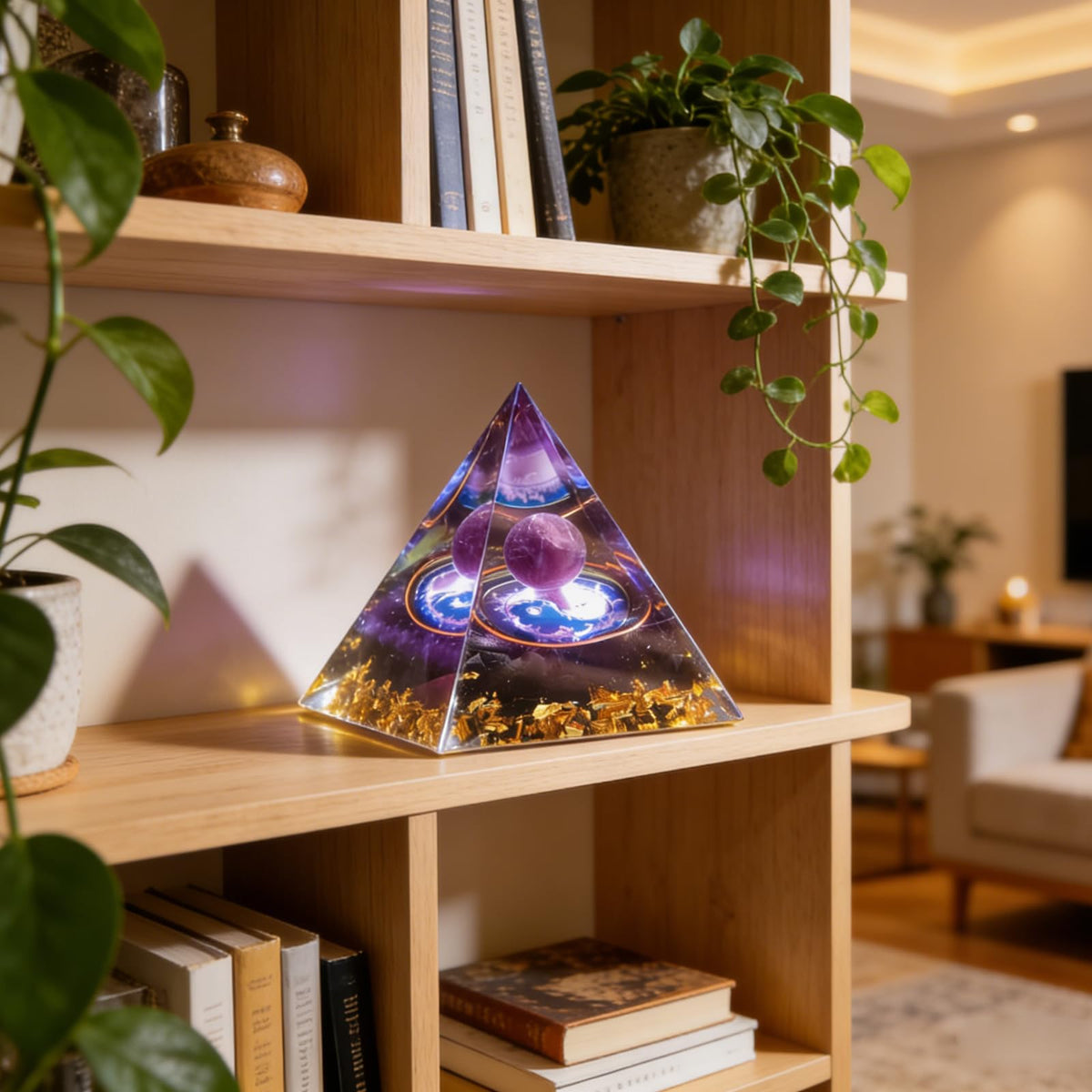 Crystal Column Orgonite Pyramid, Positive Energy Obsidian&Lapis Lazuli Orgone Crystal Healing Pyramid, for Reduce Stress, Balance Chakra, Meditation, Attract Luck, Accumulate Wealth&Health (Purple)