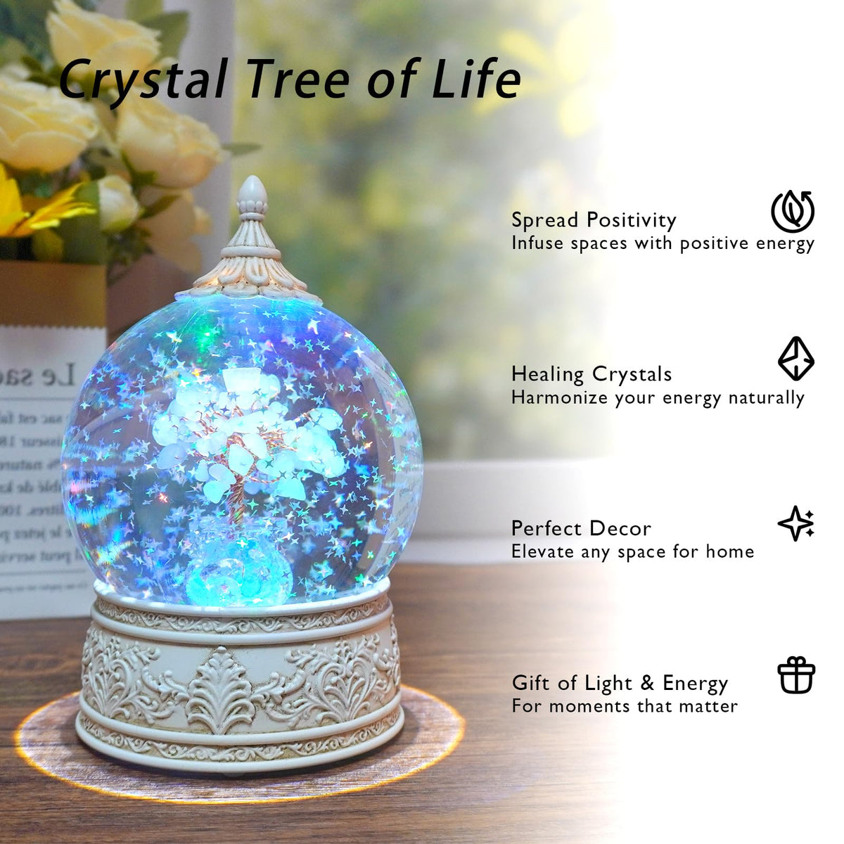 Aquamarine Healing Crystal Tree Globe with Colorful Lights and Sparkling Glitter, Natural Gemstone Base, Spiritual Meditation, Positive Energy Good Luck, Home Decor, Birthday Gifts (Aquamarine)