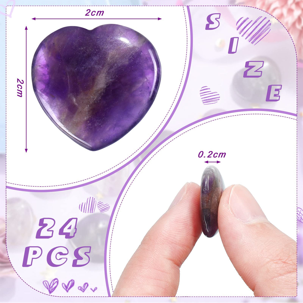 Patelai 24 Pcs Amethyst Heart Crystals Purple Heart Shaped Stones Natural Healing Worry Stones Mini Pocket Gemstone with Black Flannelette Bag for Valentines Gift Reiki Balancing