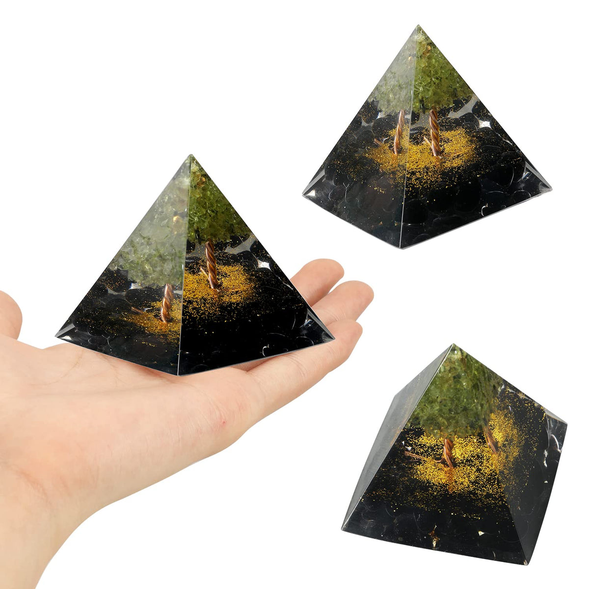 EternalOrgone Tree of Life Orgone Pyramid for Positive Energy, Orgonite Peridot&Obsidian Healing Crystal Pyramids for Reduce Stress Chakra Reiki Healing Meditation Attracts Lucky and Success