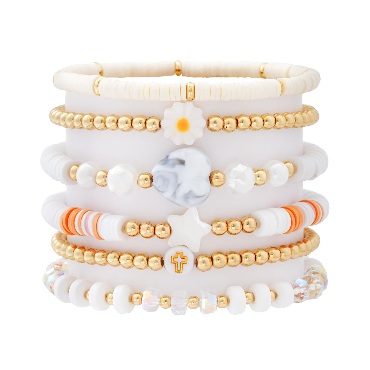 RISHEGAE Heishi Beaded Stretch Bracelets for Women Stackable Gold Polymer Clay Beads Bracelet Friendship Boho Summer Beach Bracelets Jewelry Set (D-Star Cross)