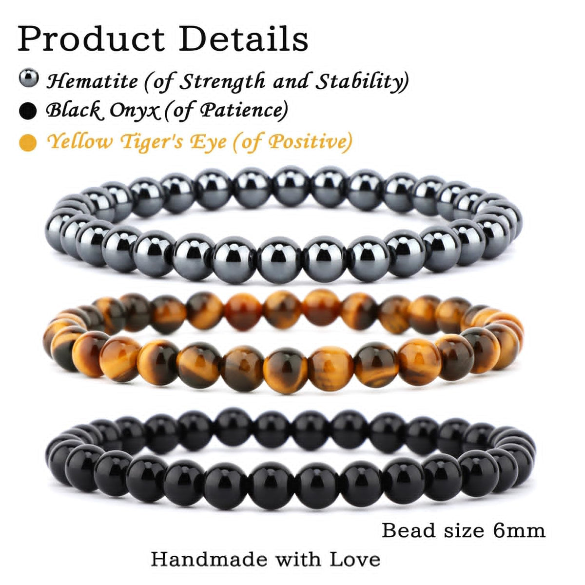NCB 3-Piece 6mm Natural Crystal Gemstone Stretch Bracelets – ﻿Black Onyx, Hematite, Yellow Tiger's Eye Handmade Reiki Energy Healing Jewelry for Meditation,Yoga, Unisex