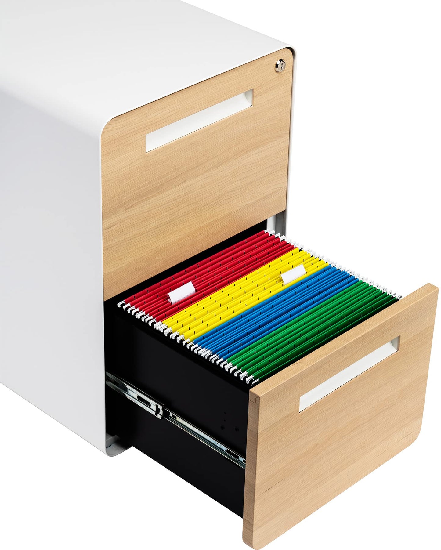 Laura Davidson Furniture Stockpile 2 Drawer Mobile File Cabinet with Lock - Under Desk Metal Filing Cabinet, Legal/Letter File Folders, Wheels and Stationary Feet, Pre-Assembled, White/Wood