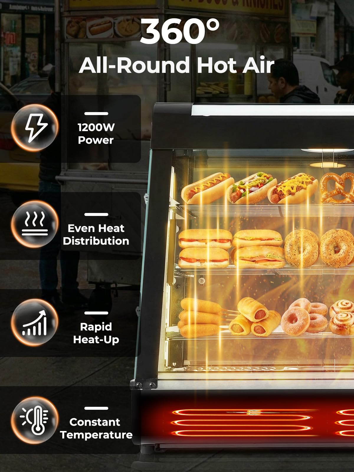 Commercial Food Warmer 26", 3-Tier Heated Display Case with Water Tray, 1200W Pizza Pastry Warmer, Adjustable Thermostat 86-185°F, LED Lighting, Removable Shelves for Buffet, Bakery, Catering