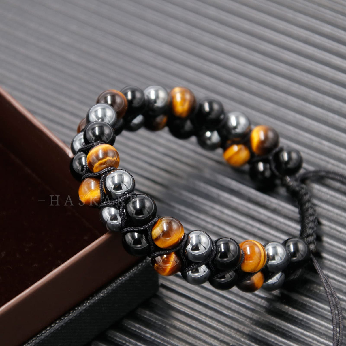 HASKARE Triple Protection Bracelet for Men - Genuine Tigers Eye Black Obsidian Hematite 8mm Natural Stone Beads Stretchy Healing Crystal Jewelry, Anxiety Relief Energy, Ideal for Dad Husband Christmas Birthday
