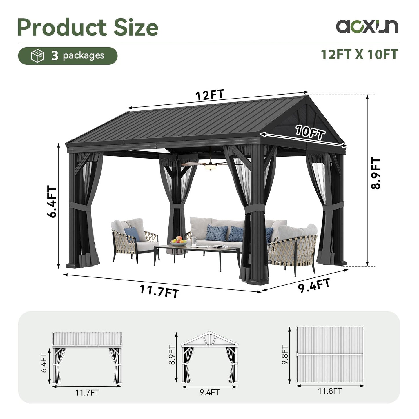 Aoxun 10' X 12' Single Hardtop Gazebo, Aoxun Outdoor Pavilion with Galvanized Steel Gable Roof, Fully Enclosed Netting Permanent Metal Gazebo Canopy for Patio Backyard Garden Deck