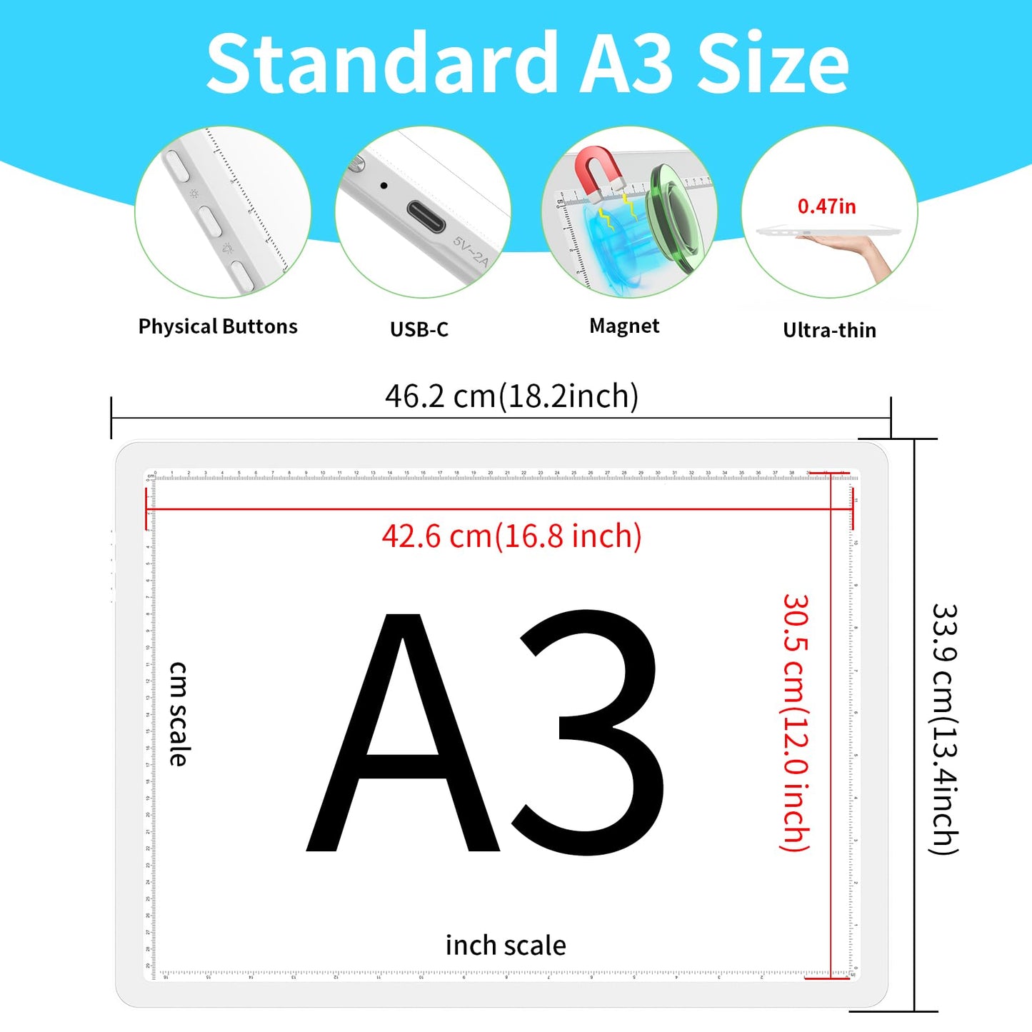 Phylosal Rechargeable A3 Light Pad with Built-in Stand & Bag, Magnetic Tracing Light Box for Drawing, Diamond Art Light Board with Side Button, Super Bright Light Table for Diamond Painting, Sketching