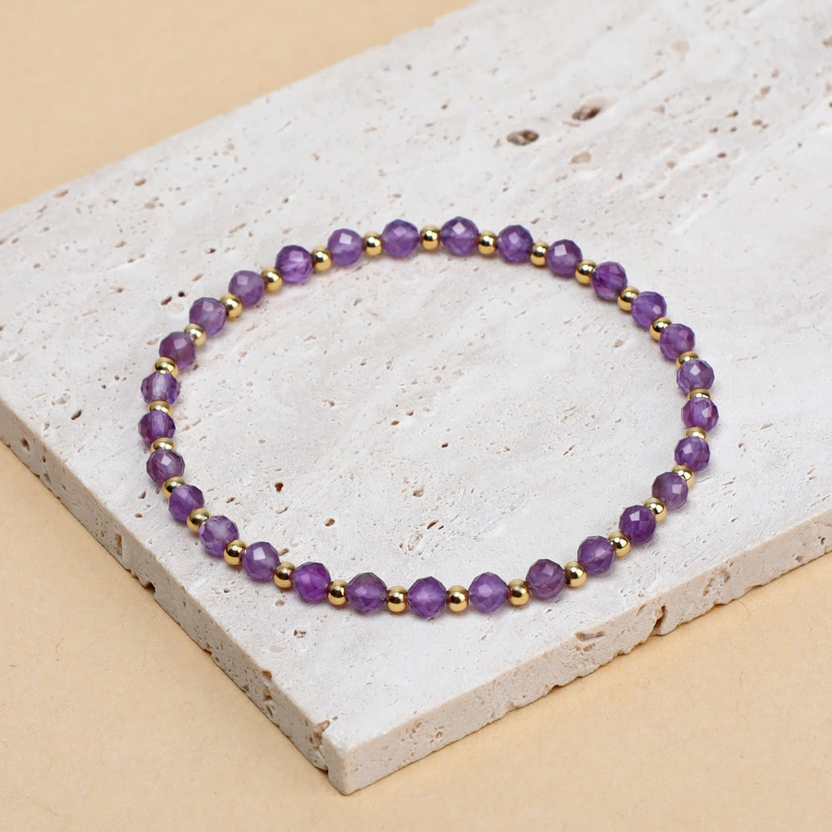 QOGIR Amethyst - Stone of Calmness - 14K Gold Plated Beads Natural Gemstone Stretch Elastic Dainty Healing Beaded Bracelets Gifts 4mm