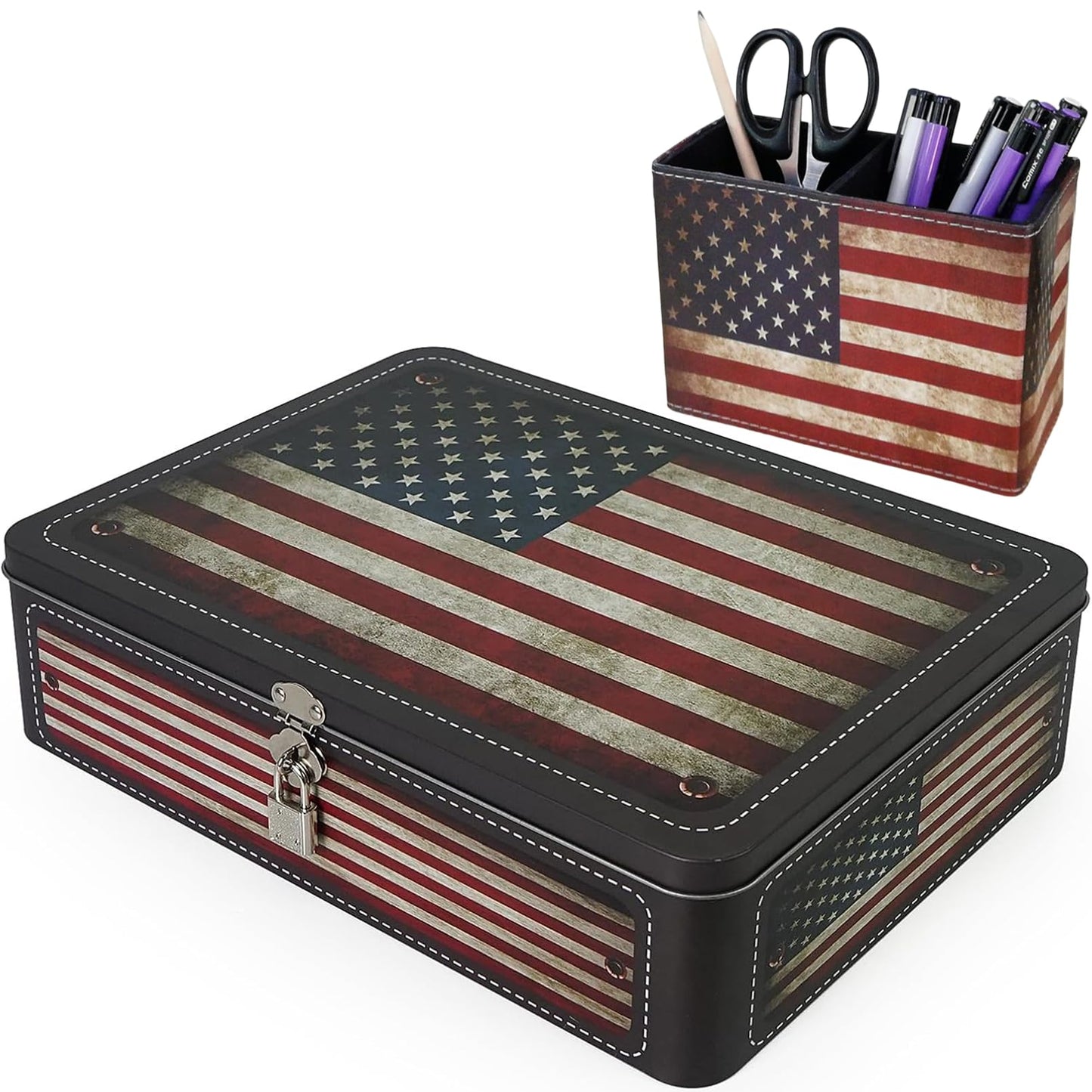 DreamsEden Decorative Storage Box & Pen Holder, Desktop Pen Pencil Cup Organizer Tin Box with Padlock Keepsake Container Office Home Patriotic Decor (American Flag)