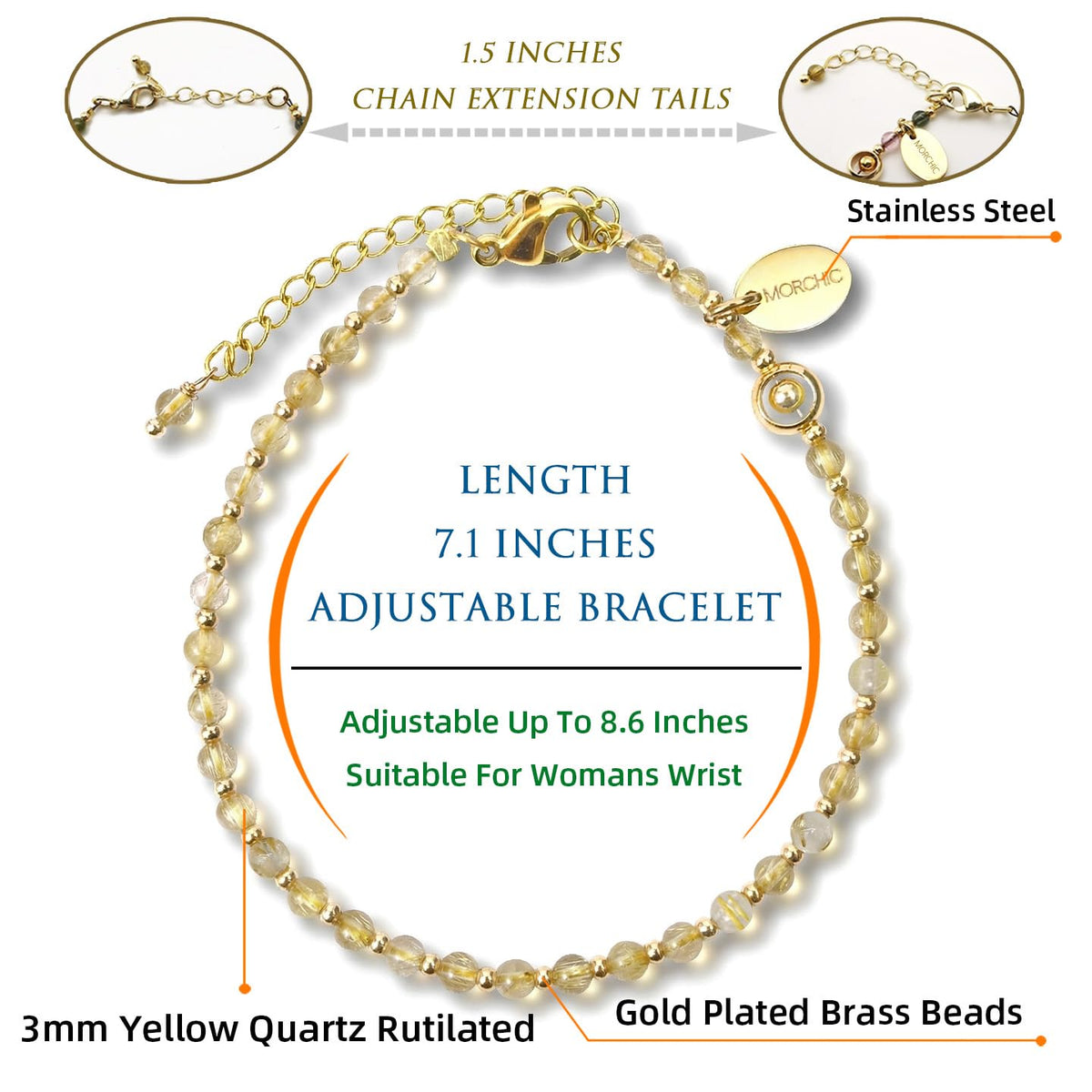 Morchic 3mm Yellow Rutilated Quartz Natural Gemstone Beaded Bracelet for Women, Dainty Charm Jewelry, Adjustable 7.1-8.6", Ideal Birthday Holiday Gift