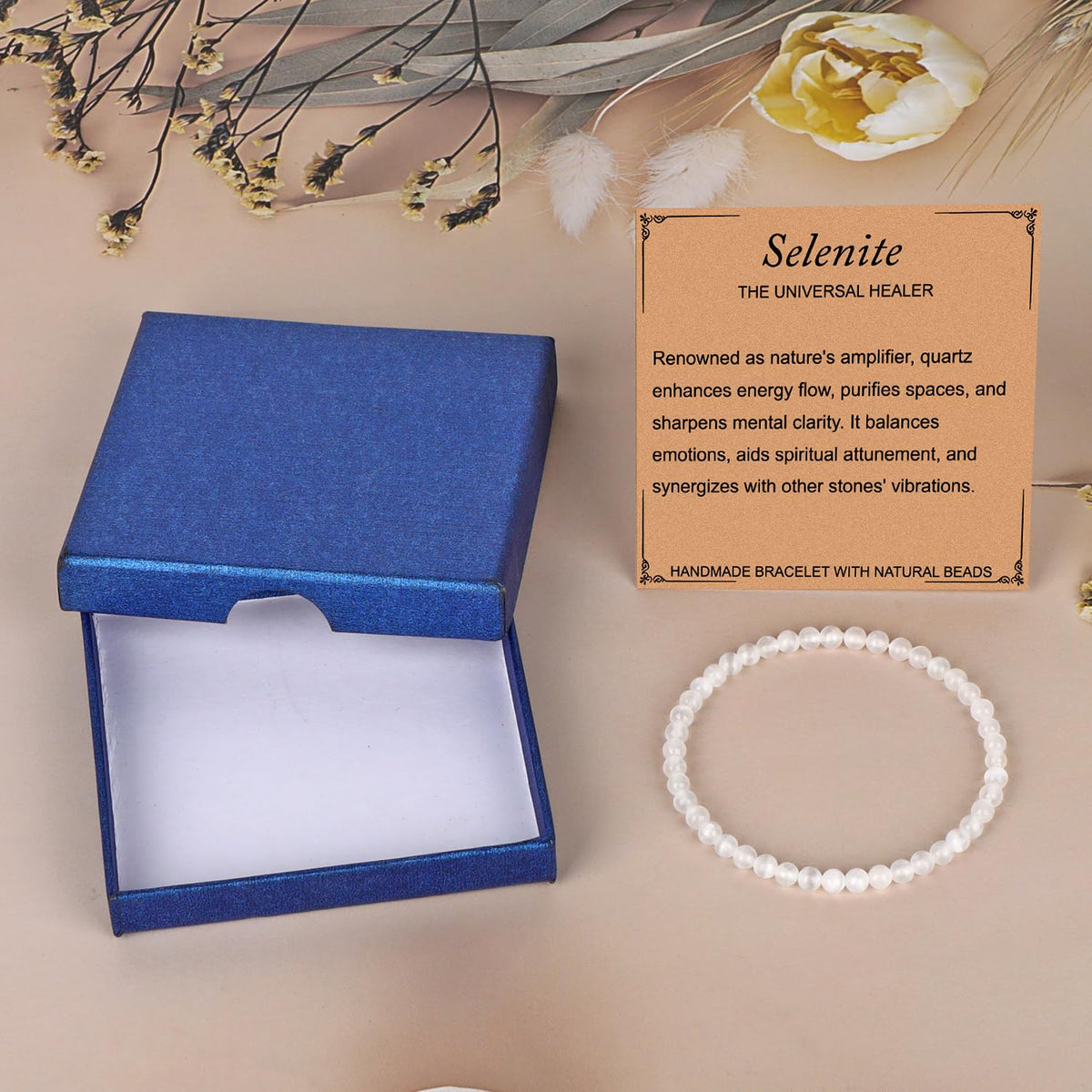 LPBeads Handmade Natural Gemstone Stretch Elastic 4mm White Selenite Bracelet Healing Crystal Round Stone Beads Jewelry Gifts for Women Men