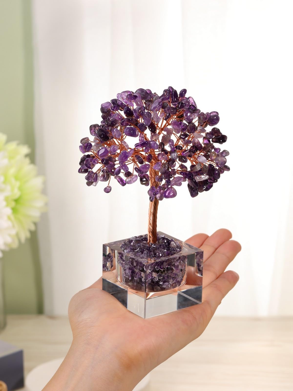 Jovivi Large Crystal Tree with Square Glass Base, Amethyst Healing Crystals Tree Life Natural Chipped Gemstone Money Trees Feng Shui Good Luck Positive Energy Purple Home Desk Decor