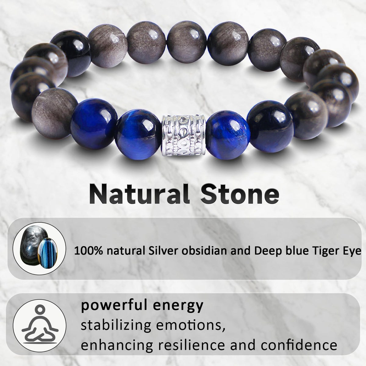 Tiger Eye Obsidian Beaded Bracelets For Men Gemstone Bracelets For Men &Women Fashion Natural Stone Men‘s Jewelry (black silver& blue)