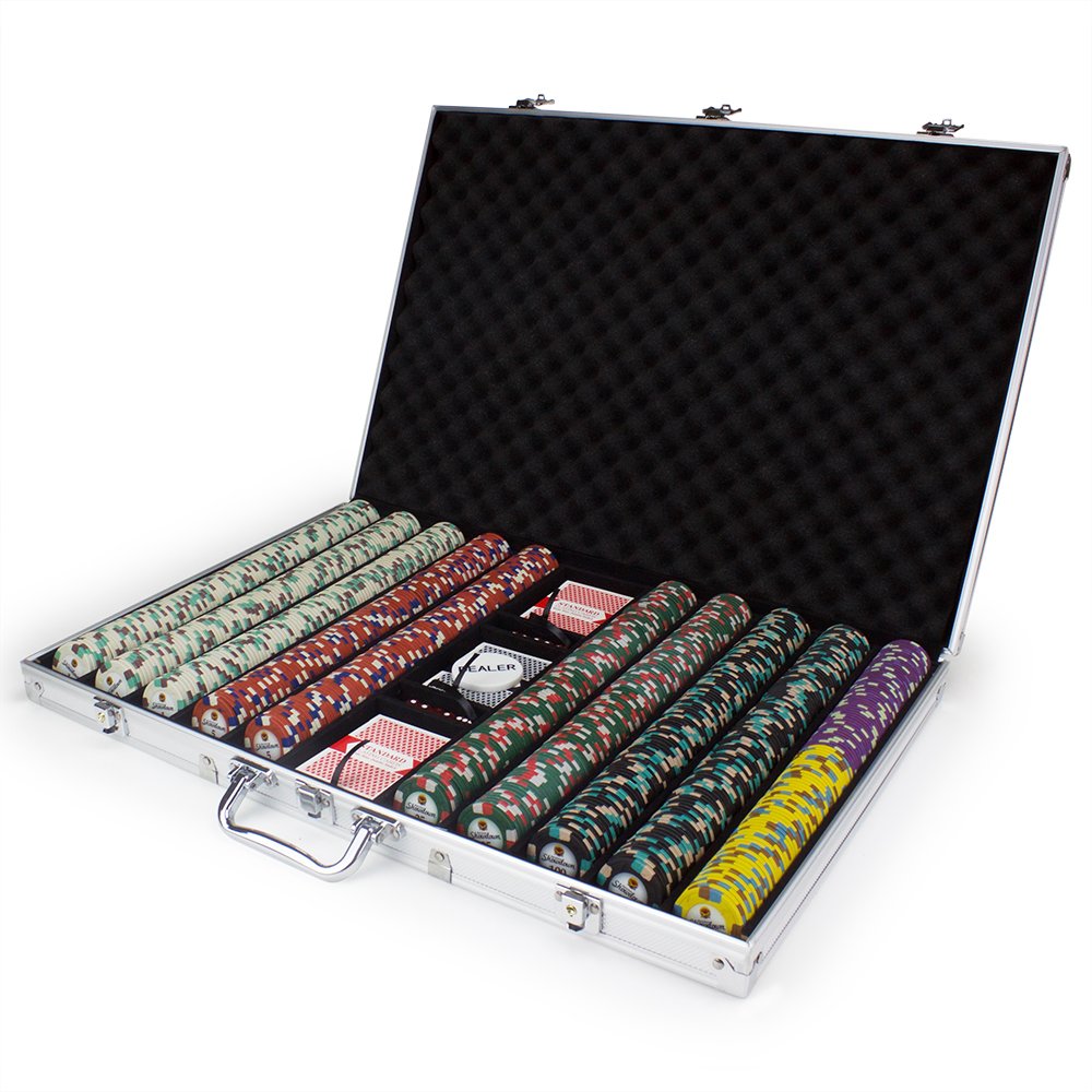 Brybelly Showdown Poker Chips Set - 1000 Heavyweight (13.5-Gram) Clay Composite Chips, 10 Acrylic Trays, and Clear Carrying Case - Professional Casino Supplies, Kits, Holders, & Storage Container
