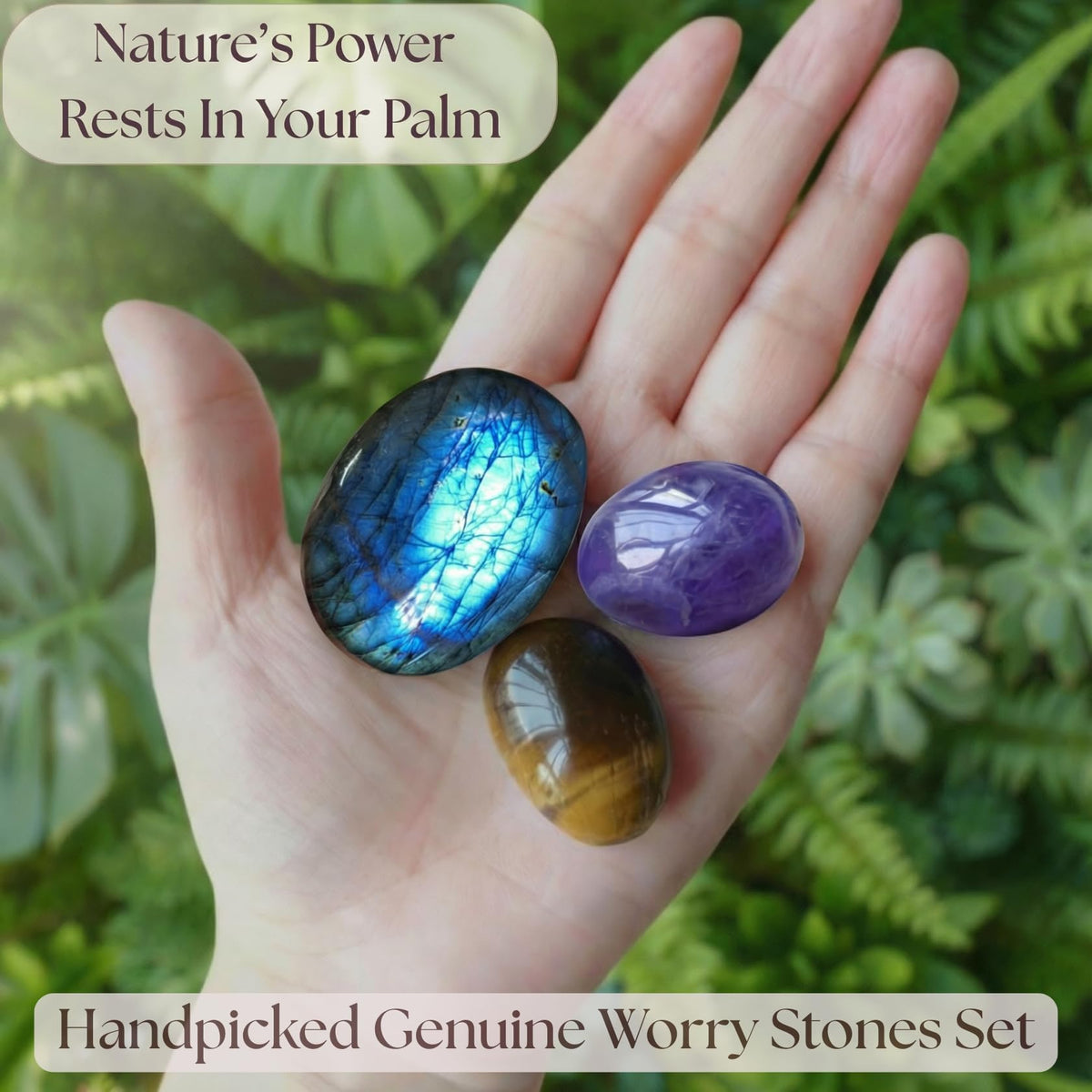 Protection & Anxiety Relief Crystal Set - Polished Palm Stones Labradorite, Tiger Eye & Amethyst, Worry Stones Trio for Meditation, Yoga, Travel Protection, Aura Cleansing & Chakra Balance