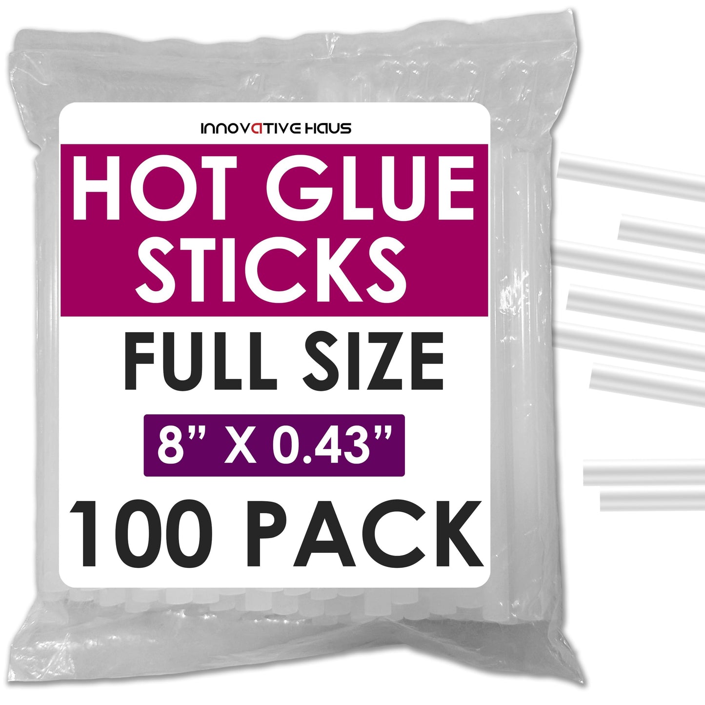 Innovative Haus Full Size Hot Glue Sticks Bulk 100 Pack - Fits Full Size Glue Guns, 8" x 0.43" - Craft, Bond, Create on Wood, Metal, Glass and More - Clear Large Stick