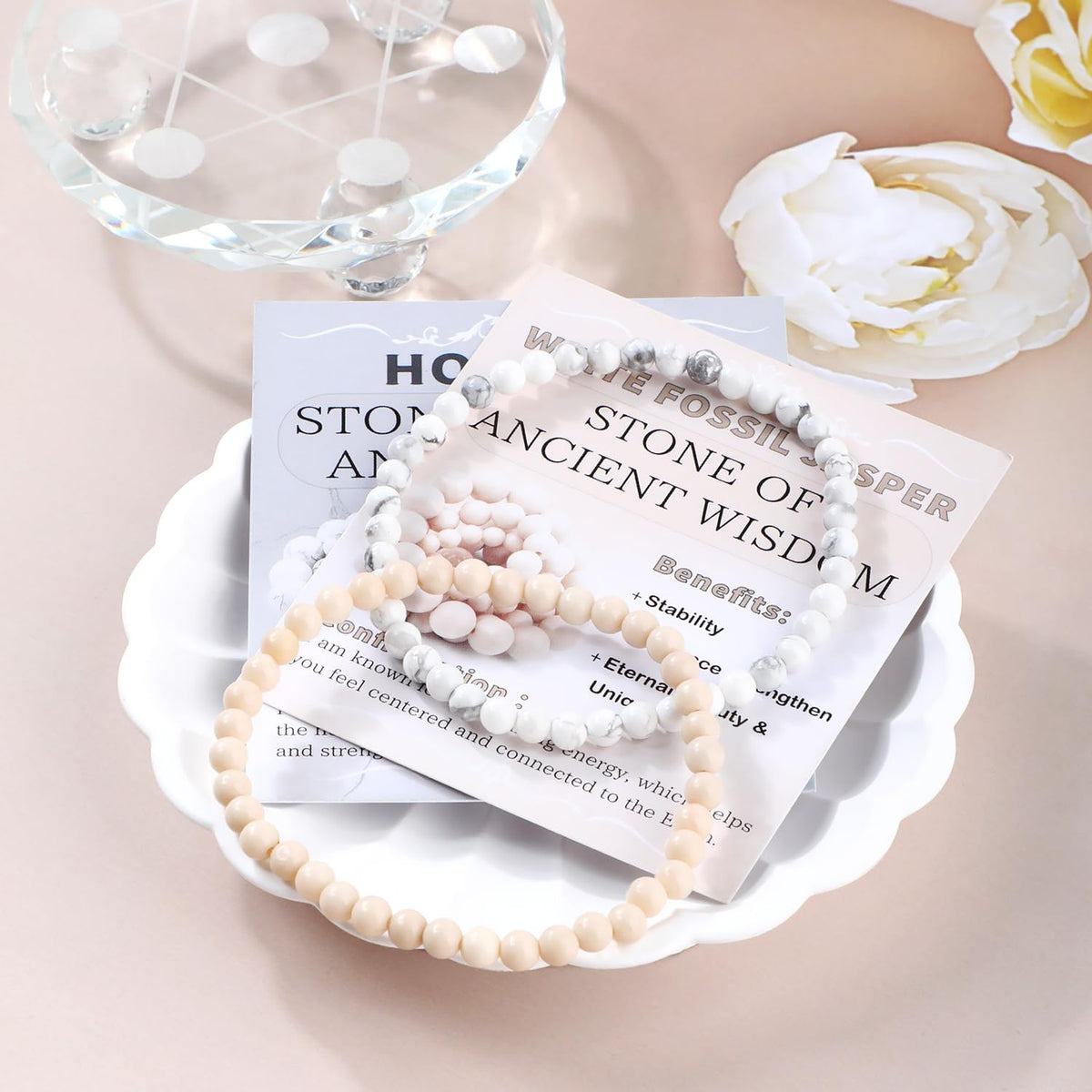 NCB 2-Piece 4mm Natural Crystal Gemstone Stretch Bracelets – ﻿Howlite, White Fossil Jasper Handmade Reiki Energy Healing Jewelry for Meditation,Yoga, Unisex