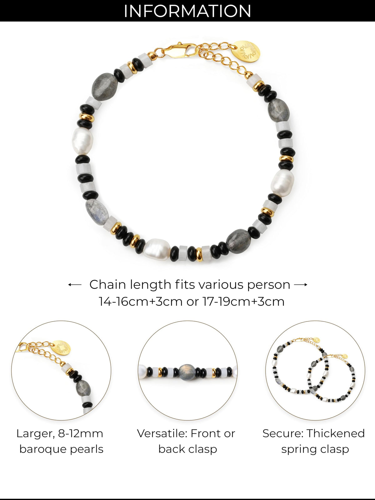 Natural Gemstone & Freshwater Pearl Bracelet for Women, 18K Gold PVD-Coated, Labradorite, Black & White Chalcedony(Large)