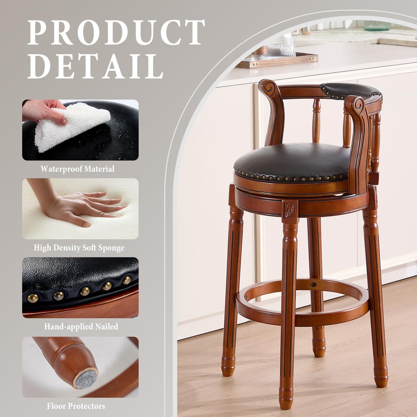 CozyRain Bar Stools Modern Swivel Barstools,Kitchen Counter Genuine Leather Upholstered Island Barstool with Footrest for Home Kitchen Dining Room (Set of 2 Black, Seat Height 29.5 in)