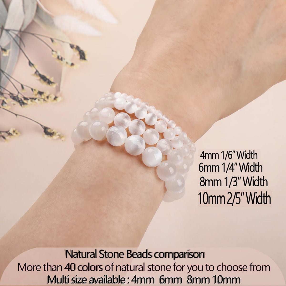 LPBeads Handmade Natural Gemstone Stretch Elastic 4mm White Selenite Bracelet Healing Crystal Round Stone Beads Jewelry Gifts for Women Men