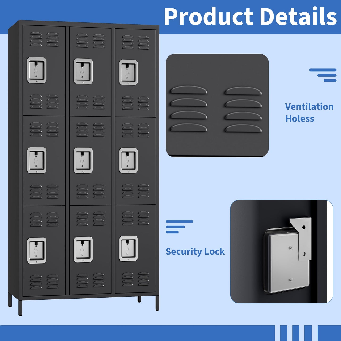 GarveeLife Employee Lockers for Office 9 Doors, Metal Sorage Locker Combination for Employees, Industries Double Tier Metal Locker for Home, School, Gym
