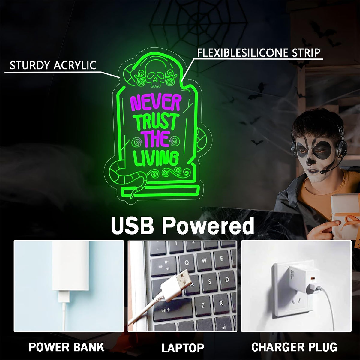Never Trust The Living Neon Sign Led Sign for Wall Decor Dimmable USB Powered Letters Light Up Sign For Party Chamber of Secrets Script killing Terror House Man Cave Decor