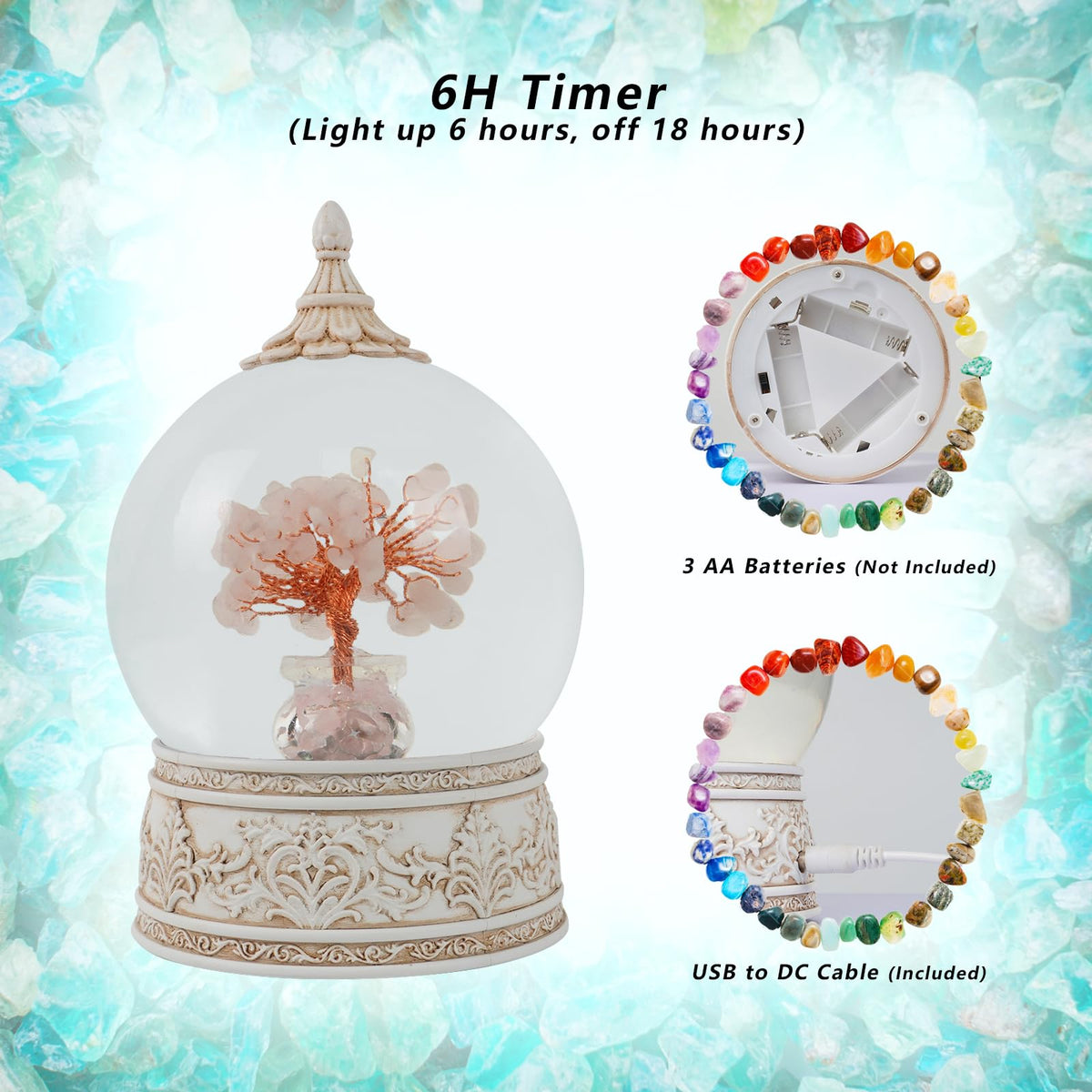 Rose Quartz Healing Crystal Tree Globe with Colorful Lights Sparkling Glitter, Natural Gemstone Base, Spiritual Meditation, Positive Energy Good Luck, Home Decor, Birthday Gifts (Rose Quartz)
