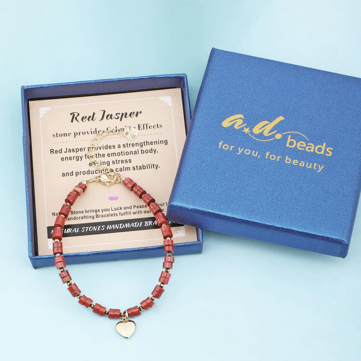 Natural Gemstone Healing Crystal Red Jasper Dainty Charms Heart Bracelet Adjustable Chain Extender Minimalist Jewelry