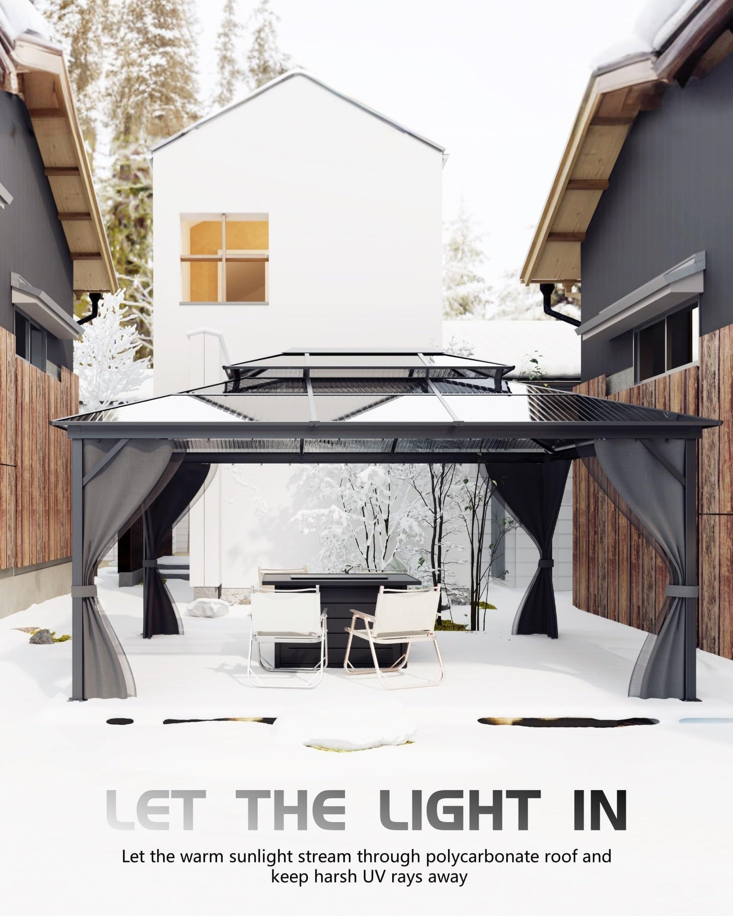 Double Roof Protection, 10'x12' Hardtop Aluminum Gazebo with Netting & Curtains, Permanent Polycarbonate Pavilion for Patio, Backyard, and Lawn (Gray)