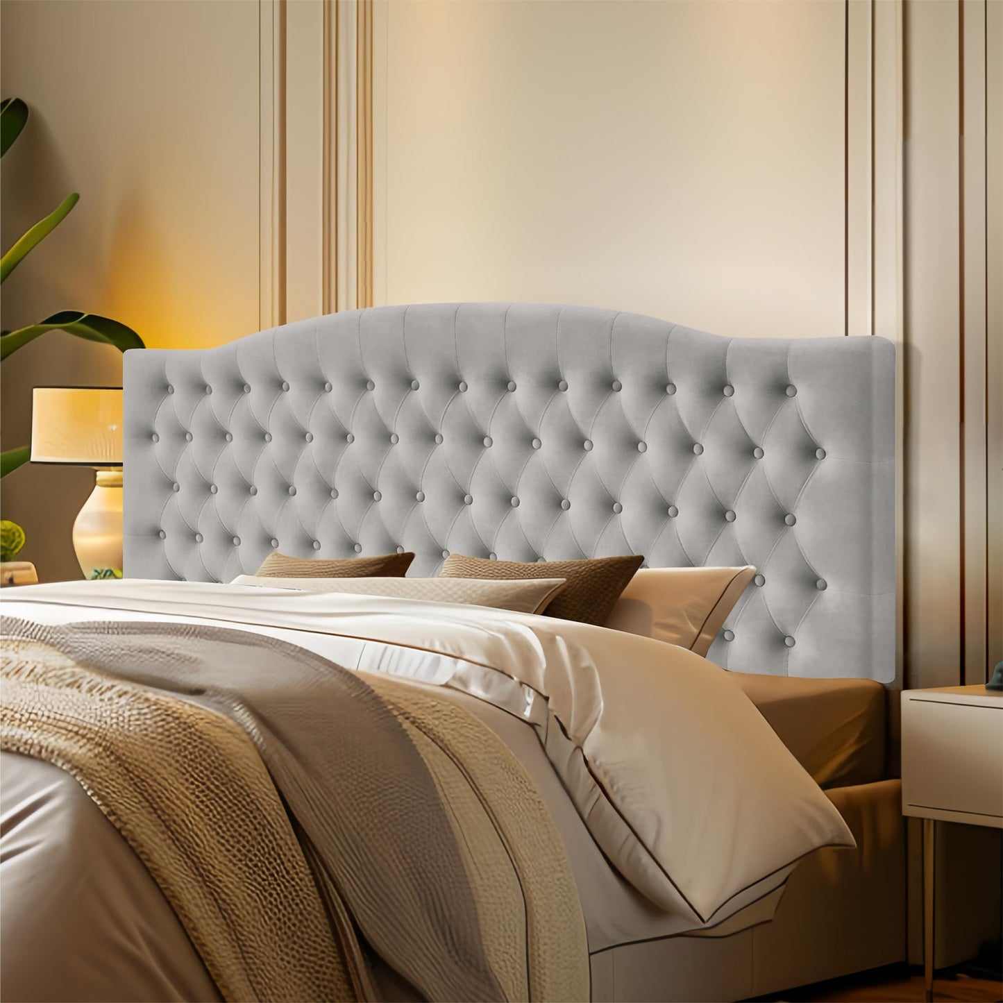 Furpopup Velvet Upholstered Headboard King/Cal King Size Latest Model Wall Mount, Bed Frame Mount, Featuring High-Density Sponge Padding, Luxury Texture Easy Assembly and Style-Silver Gray